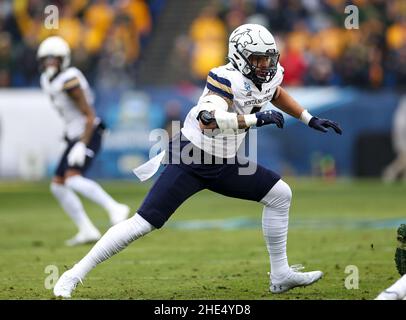 Frisco, TX, USA. 8th Januar 2022. Sicherheit der Montana State Bobcats Jeffrey Manning Jr. (5) überzeugt das Spiel während der FCS National Championship zwischen dem North Dakota State Bison und den Montana State Bobcats am 8. Januar 2022 im Toyota Stadium in Frisco, Texas. (Verpflichtende Gutschrift: Freddie Beckwith/MarinMedia.org/Cal Sport Media) (absoluter vollständiger Fotograf und Credits erforderlich) Fernsehen oder Gewinnzeitschriften Kontaktieren Sie MarinMedia direkt. Kredit: csm/Alamy Live Nachrichten Stockfoto