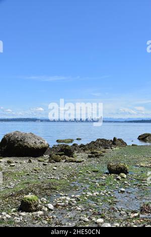 Die Skyline von Seattle von der Bainbridge Island über die Elliot Bay in Puget Sound, Bundesstaat Washington, USA Stockfoto