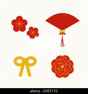 Set aus flachen isolierten asiatischen festlichen Elementen, Blumen, Bogenknoten, Sensu-Fan Stock Vektor