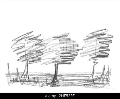 Eine einfache Bleistiftskizze der Bäume. Feine freihändige, schlampige Zeichnung in minimalistischem Stil. Moderne monochrome kreative Vektor künstlerischen Hintergrund. Stock Vektor