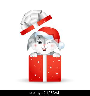 Jahr des Kaninchens. Geschenkbox mit weihnachtshase im weihnachtshut. Chinesisches Neujahrssymbol 2023. Vektorgrafik im Cartoon-Stil. Designelement für Stock Vektor