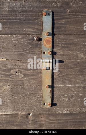 Nahaufnahme eines alten Scharniers, das an eine Holzwand geschraubt wurde Stockfoto