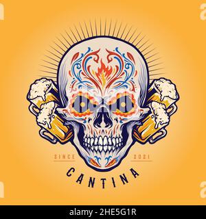 Mexikanische Sugar Skull Cantina Bier Maskottchen Illustrationen für Ihre Arbeit Logo, Maskottchen Merchandise T-Shirt, Aufkleber und Label-Designs, Poster, Gruß Auto Stock Vektor