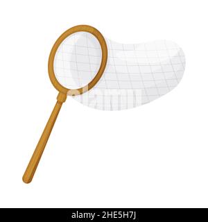 Netz mit Holzgriff Schmetterling oder Fischfänger in Cartoon-Stil isoliert auf weißem Hintergrund. Ausrüstung für Angeln, Hobby. Vektorgrafik Stock Vektor