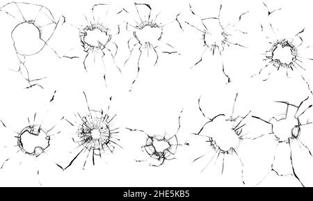 Texturen aus zerbrochenem Glas. Die Auswirkungen von Rissen auf das Fenster. Elemente für die Verwendung im Design, eine große Reihe von Fotos in einem Bild. Stockfoto