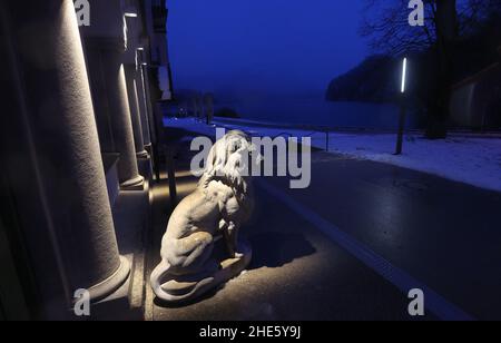 Schwangau, Deutschland. 09th Januar 2022. Am Eingang des Museums der Bayerischen Könige steht am frühen Morgen vor dem Alpsee im Nebel im Schneeregen eine Skulptur des Bayerischen Löwen. Quelle: Karl-Josef Hildenbrand/dpa/Alamy Live News Stockfoto