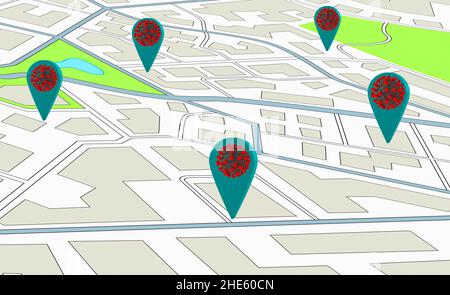 3D Rendering des GPS-Navigators zeigt Punkte mit einer hohen Anzahl von covid-19-Ansteckung Stockfoto