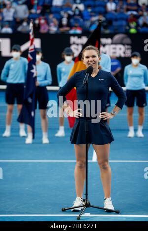 SIMONA HALEP (ROU) gewinnt das Melbourne Summer Set 1 Women's Singles Finale 2022 und besiegt Veronika Kudermetova (RUS) am Sonntag, dem 2022. Januar in Melbourne Stockfoto