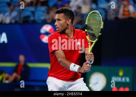 Sydney, Australien. 09th Januar 2022. Felix Auger-Aliassime vom Team Canada spielt am 9. Januar 2022 gegen Roberto Bautista Agut vom Team Spain beim ATP-Pokalfinale in der Ken Rosewall Arena, Sydney Olympic Park, Sydney, Australien. Foto von Peter Dovgan. Nur zur redaktionellen Verwendung, Lizenz für kommerzielle Nutzung erforderlich. Keine Verwendung bei Wetten, Spielen oder Veröffentlichungen einzelner Clubs/Vereine/Spieler. Kredit: UK Sports Pics Ltd/Alamy Live Nachrichten Stockfoto