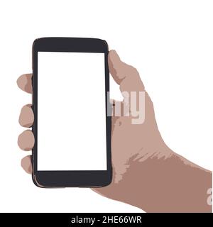 Hand hält ein Smartphone auf weißem Hintergrund. Vorlage. Flache Vektorgrafik, Stock Vektor