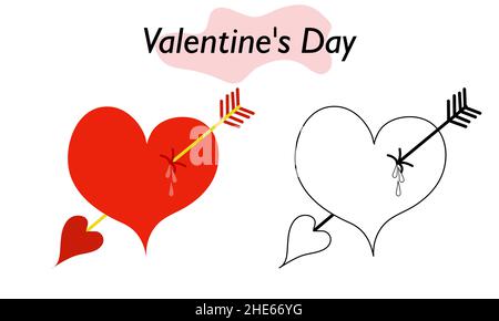 Ein Herz, das vom Amor-Pfeil getroffen wurde. Das Herz eines verliebten Mannes. In Farbe und geradlinigem Design. Ein Symbol der Liebe und ein Valentinstag. Vektor Stock Vektor