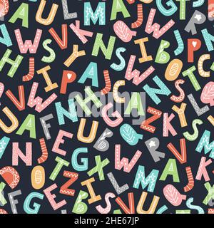 Nahtloses ABC-Muster. Skandinavisches Alphabet. Vektor Cartoon Hand gezeichnet wiederholen Tapete. Stock Vektor