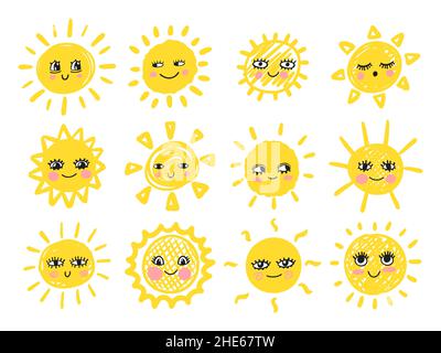Lustige niedliche Sonne untergehen. Fröhliche Smiley Sun-Charaktere. Vektor handgezeichnetes Doodle sonniges Symbol Stock Vektor