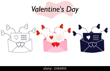 Ein offener Umschlag mit einer Liebesnote. Eine Liebeserklärung. In farbigen, einfarbigen und linearen Versionen. Ein Symbol der Liebe und ein Valentinstag Urlaub. Vektor Stock Vektor