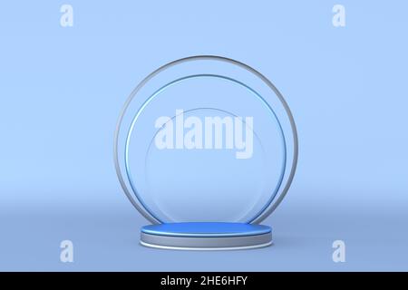 3D Render von blauem geometrischem minimalem Studiosockel isoliert auf pastellfarbenem Hintergrund, runder Rahmen, abstraktes Beauty-Produktkonzept, Luxus-Minimalist des Stockfoto