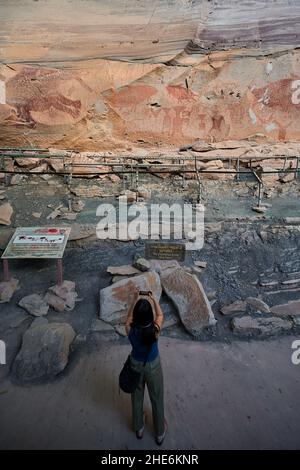 Prähistorische Felsmalerei im Pha Taem Nationalpark, Provinz Ubon Ratchathani, Thailand Stockfoto