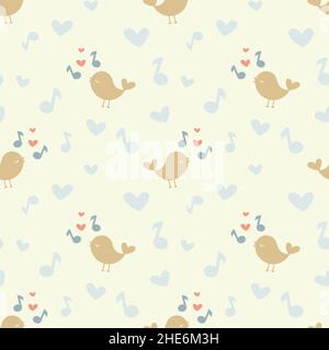 Niedliche Vogel und Musik Noten nahtlose Muster. Farbenfroher Singbirds-Druck für Papier oder Stoff. Stock Vektor