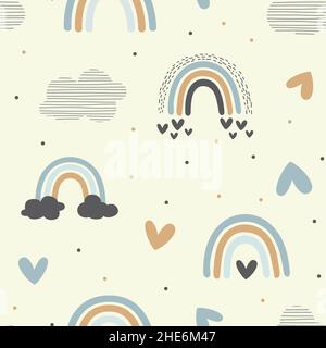 Regenbogen und Herzen pastellfarben, nahtlos in Pastellform. Regenbogen mit Wolken handgezeichnete Doodle niedlichen Baby oder Kinder drucken. Stock Vektor