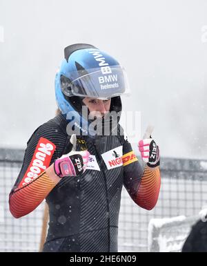 Winterberg, Deutschland. 09th Januar 2022. Bob: Weltmeisterschaft, zwei-Mann-Bobbahn, Frauen, 1st Lauf. Laura Nolte aus Deutschland nimmt den ersten Platz ein. Quelle: Caroline Seidel/dpa/Alamy Live News Stockfoto