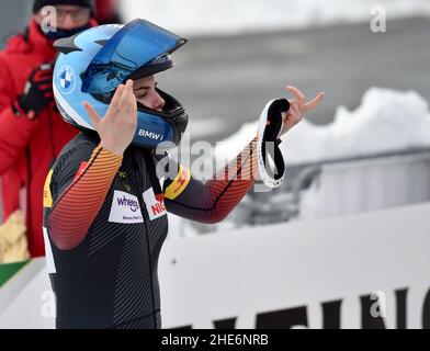 Winterberg, Deutschland. 09th Januar 2022. Bob: Weltmeisterschaft, zwei-Mann-Bobbahn, Frauen, 1st Lauf. Kim Kalicki aus Deutschland fährt auf den zweiten Platz. Quelle: Caroline Seidel/dpa/Alamy Live News Stockfoto