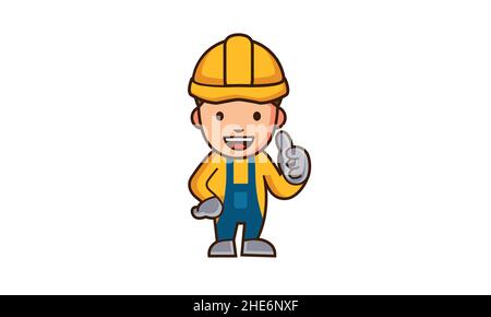 Abstrakte Cartoon-Illustration eines Baumeisters mit gelbem Hut, Daumen nach oben Stock Vektor