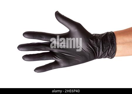 Hand in schwarzem Gummihandschuh isoliert auf weißem Hintergrund. Ausgestreckte Hand zum Händeschütteln, Nahaufnahme Stockfoto