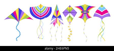Drachen-Set-Vektor. Internationaler Tag der Drachen. Bunte Fliege Spielzeug Kollektion. Spielen Spielzeug aus Papier und Stoff. Stock Vektor