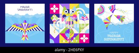 Glücklicher Makar Sankranti-Vektor. Hindi Grußkarte für Web, Social net. Makar Sankranti Konzept mit bunten Drachen am Himmel Stock Vektor