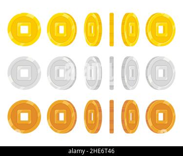 Chinesischer Münzsatz. Gold, Silber und Bronze. Coin Flip, rotierende Animationsrahmen. Stock Vektor