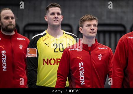 Hillerod, Dänemark. 08th Januar 2022. Lasse Svan aus Dänemark beim Test-Handballspiel zwischen Dänemark und Norwegen auf der Royal Stage in Hillerod. (Foto: Gonzales Photo/Alamy Live News Stockfoto