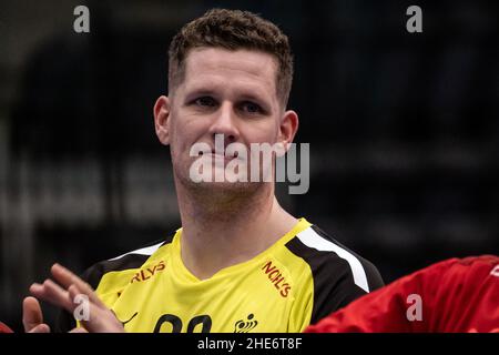 Hillerod, Dänemark. 08th, Januar 2022. Kevin Moller (20) aus Dänemark beim Test-Handballspiel zwischen Dänemark und Norwegen auf der Royal Stage in Hillerod. (Foto: Gonzales Photo - Kim M. Leland). Stockfoto