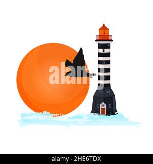 Marine-Logo auf weißem Hintergrund isoliert. Leuchtturm, Sonne, Möwe und Meereswelle. Weiß schwarz gestreifte Leuchtfeuer, rote Sonne, Wasser und Möwe Silhouette.Vektor Stock Vektor