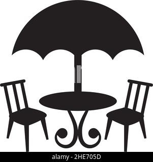 Restaurant im Freien mit Stuhl und Regenschirm Zelt Vektor-Logo-Design Stock Vektor