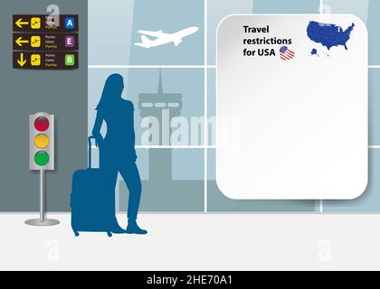 Reisebeschränkungen für Vorlage USA. Silhouette eines Touristen schaut auf eine leere Tafel am Flughafen. Bereit für Ihren Text. Stock Vektor