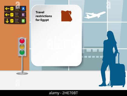Vorlage für Reisebeschränkungen für Ägypten. Silhouette eines Touristen schaut auf eine leere Tafel am Flughafen. Bereit für Ihren Text. Stock Vektor