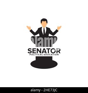 vector Logo Design von Senator, Direktor eines Unternehmens, Präsident oder Führer auf dem Rostrum sprechen Stock Vektor