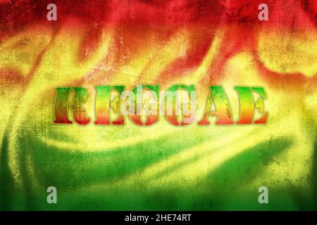 Reggae-Label-Illustration auf Grunge Rastafari-Flagge, Symbol des Musikgenres Stockfoto