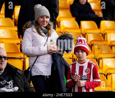 Wolverhampton, Großbritannien. 9th Januar 2022. Fans von Sheffield Utd beim Emirates FA Cup-Spiel in Molineux, Wolverhampton. Bildnachweis sollte lauten: Andrew Yates/Sportimage Kredit: Sportimage/Alamy Live News Stockfoto