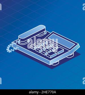 Isometrisches Festnetztelefon. Umriss Telefon Blauer Hintergrund. Vektorgrafik. 3D Symbol. Büroausstattung. Stock Vektor