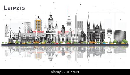 Leipzig City Skyline mit grauen Gebäuden und Reflektionen isoliert auf Weiß. Vektorgrafik. Stock Vektor