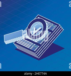Dokumente Unter Vergrößerungsglas. Vektorgrafik. Aktivieren Sie das Kontrollkästchen Symbol markieren oder Symbol ticken. Dokumentensuche. Isometrisches Suchkonzept mit Lupe und Pap Stock Vektor