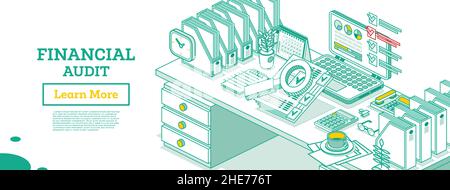 Finanzprüfung. Isometrisches Geschäftskonzept. Steuerbericht Des Kontos. Laptop mit Kalender und Lupe. Vektorgrafik. Dokumente Unter „Vergrösserungs“. Stock Vektor