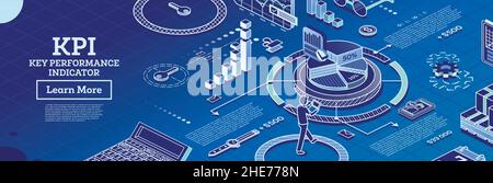 KPI-Key-Performance-Indikator. Vektorgrafik. Isometrisches Konzept der Geschäftsleistungsstrategie und -Analyse. Infografik-Charts. Stock Vektor