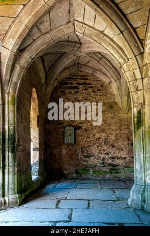 Die gewölbte Decke des Eingangs zum Kapitelhaus der Abtei Valle Crucis, die 1201 von Madog AP Gruffydd Maelor, Prinz von Powys Fadog, gegründet wurde, Stockfoto