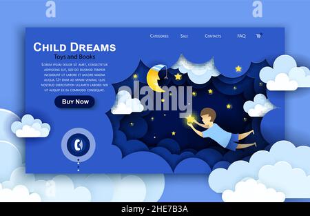 Vektor-Website Papier Kunst Design Vorlage. Kind berührt die Sterne am Himmel. Kinder träumen. Konzepte zur Darstellung von Landing-Page-Websites und Mobilgeräten Stock Vektor