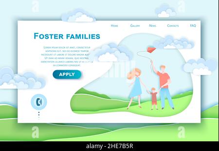 Vektor-Website Papier Kunst Design Vorlage. Glückliche Familie, die mit Kind in einem Park spazieren geht. Konzepte zur Darstellung von Landing-Page-Websites und Mobilgeräten Stock Vektor