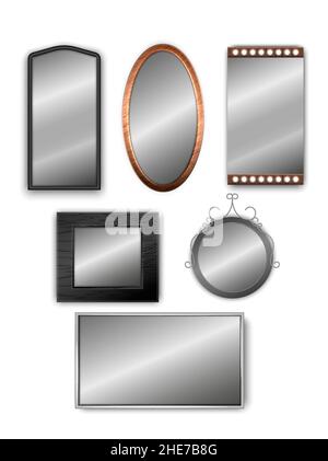 Vektor-Set aus realistischen 3D Spiegeln isoliert auf weißem Hintergrund. Inneneinrichtung. Wandmontierte Spiegel. Stock Vektor