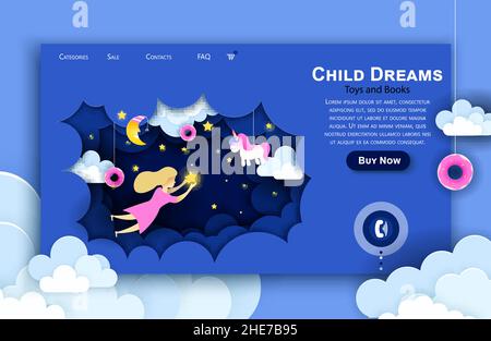 Vektor-Website Papier Kunst Design Vorlage. Kind berührt die Sterne am Himmel. Kinder träumen. Konzepte zur Darstellung von Landing-Page-Websites und Mobilgeräten Stock Vektor