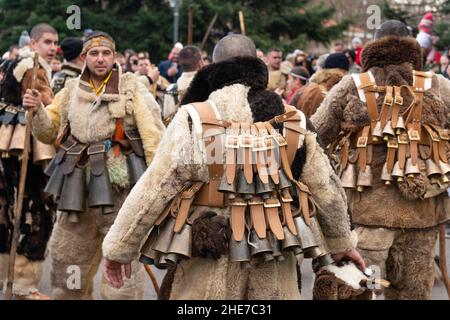 Kukeri-Tänzer mit aufwändigen Kostümen, großen Glocken und Masken tanzen beim traditionellen jährlichen Festival. Kukeri ist eine jahrhundertealte Tradition, die böse Geister vertreiben und gute einladen soll, die um den frühen Winter oder die Wintermitte abgehalten wird. Die Teilnehmer tragen übergroße Glocken, bestickte Kostüme und fantastische Masken, um am Winterritual teilzunehmen. Stockfoto