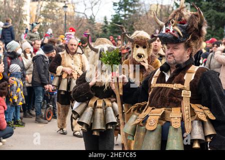 Kukeri-Tänzer mit aufwändigen Kostümen, großen Glocken und Masken tanzen beim traditionellen jährlichen Festival. Kukeri ist eine jahrhundertealte Tradition, die böse Geister vertreiben und gute einladen soll, die um den frühen Winter oder die Wintermitte abgehalten wird. Die Teilnehmer tragen übergroße Glocken, bestickte Kostüme und fantastische Masken, um am Winterritual teilzunehmen. Stockfoto